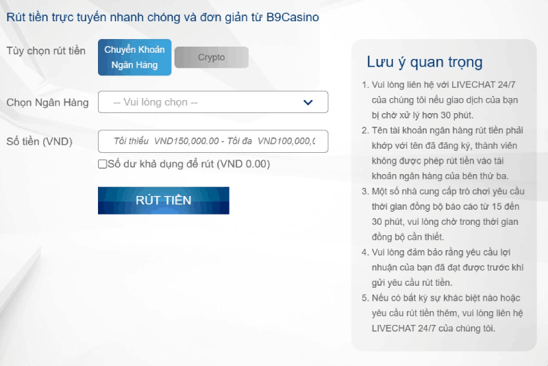 Rút tiền B9casino