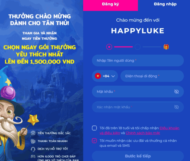 đăng ký tài khoản HappyLuke